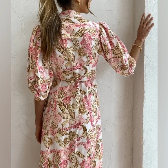 Significant Other Floral Printed Pink Puff Sleeve Midi Dress - Picture 3 of 10